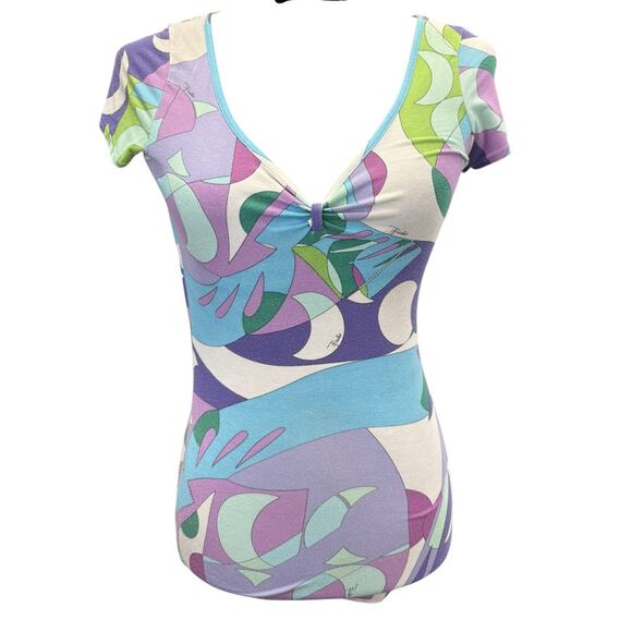 Vintage Emilio Pucci Italy Abstract Print Stretch Top XS Purple Green Blue - Picture 1 of 12